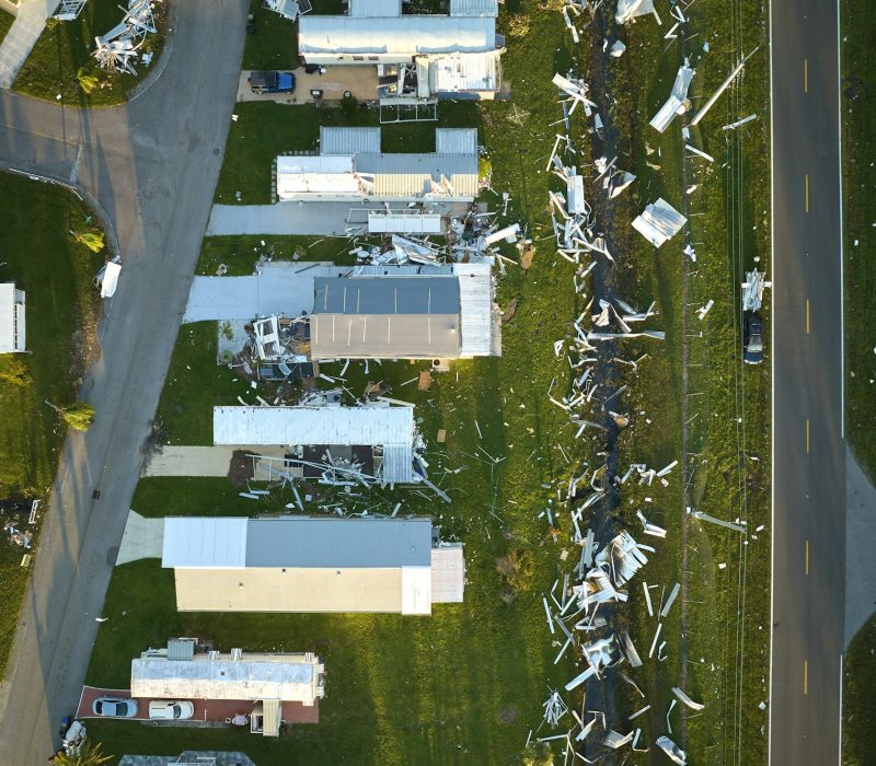 Destroyed by hurricane Ian suburban houses in Florida mobile home residential area.